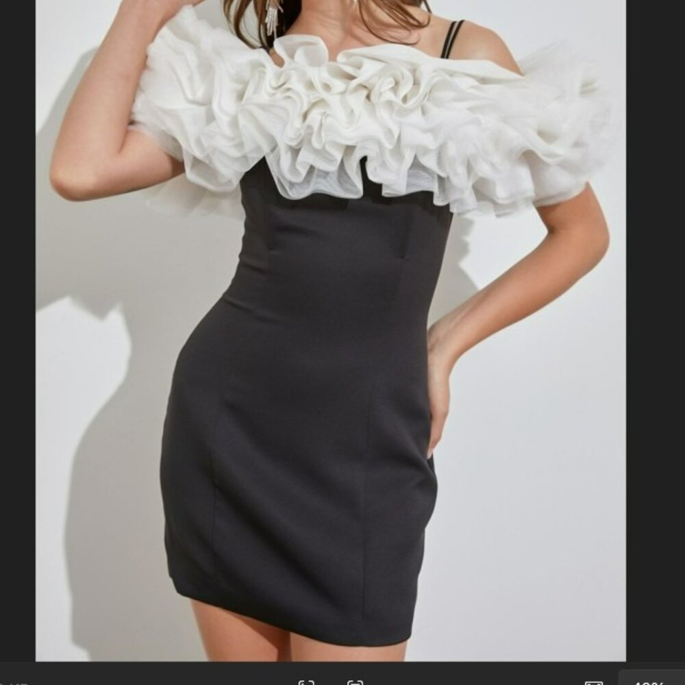 White Ruffle Tube Mini Black Bodycon Short Dress